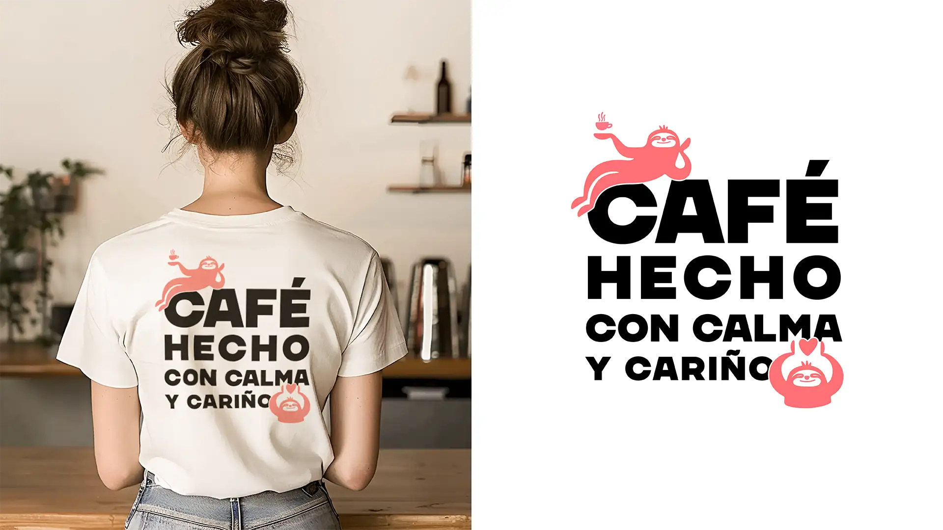 T-shirt design with the phrase 'Café hecho con calma y cariño' in bold black text, accompanied by a red illustrated sloth holding a cup of coffee. The same design appears printed on the back of a woman's shirt inside a cozy café.